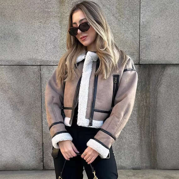 TRAFZAINS Autumn Winter Women's Double-Sided Short Turn-Down Collar Long Sleeve Jacket Coat B5