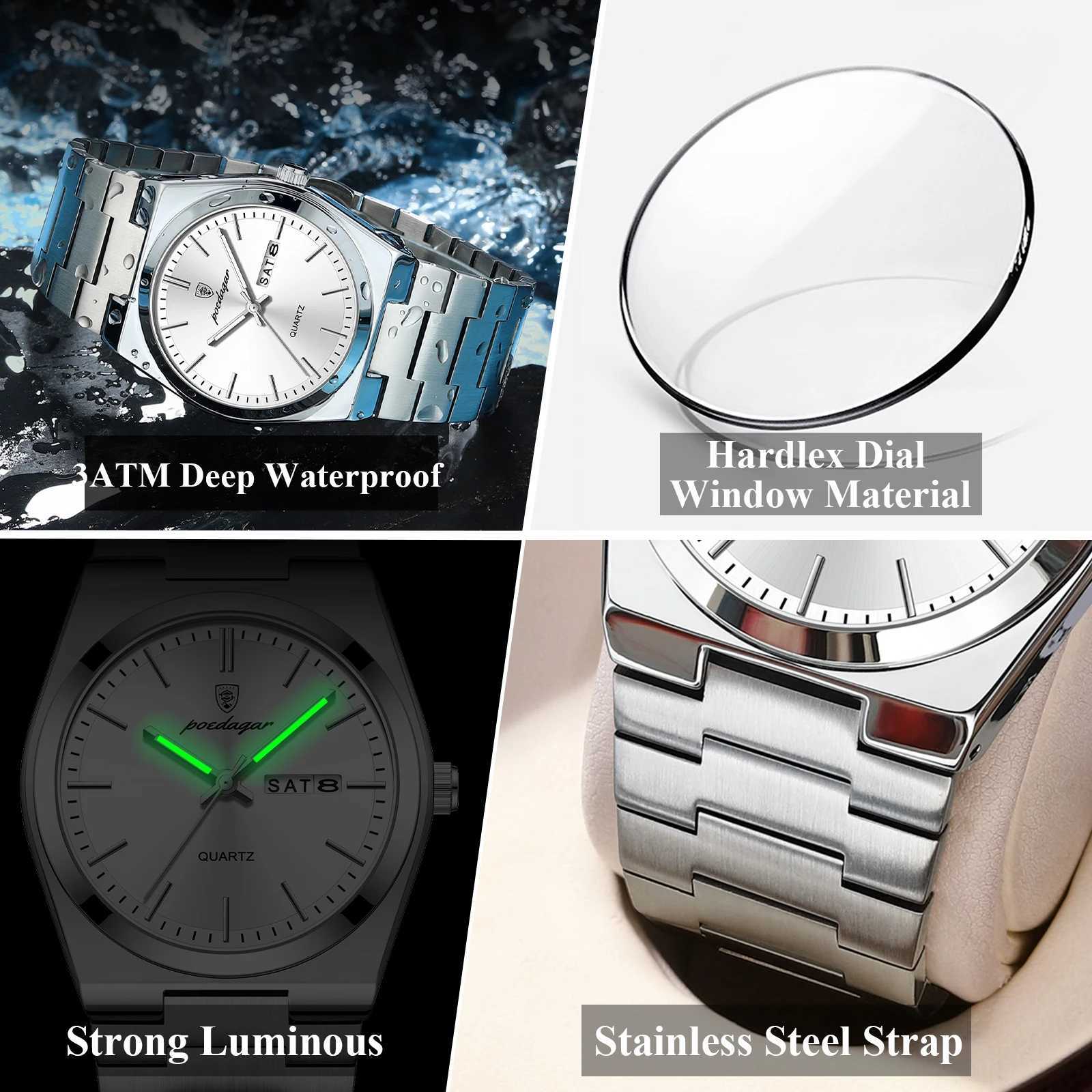 POEDAGAR Luxury Business Mens Wristwatch Waterproof Luminous Stainless Steel Mens Watch Date Week Fashion Quartz Mens Watches + Box W250724