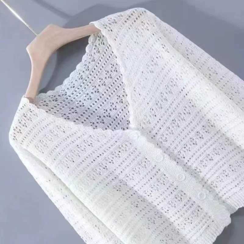 V-neck long-sleeve cardigan jacket sun protection cardigan outerwear thin jacket womens summer hollow knit jacket X250724