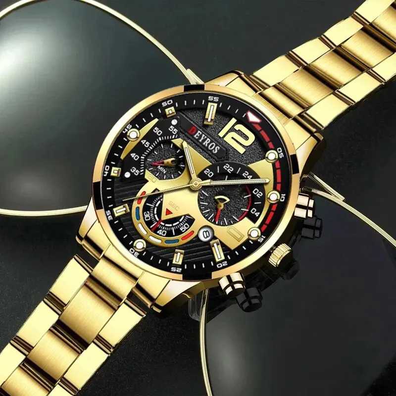 3PCS Set Fashion Mens Business Watches Male Casual Stainless Steel Quartz Wristwatch Men Gold Necklace Bracelet Wrist Watch W250724