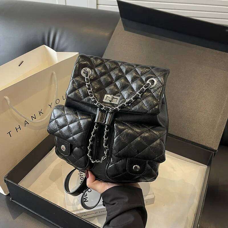 Fall 2025 New Arrival Trendy Women's Dia-Quilted Chain Double-Shoulder Backpack, Large Capacity With Multiple Pockets MDNG