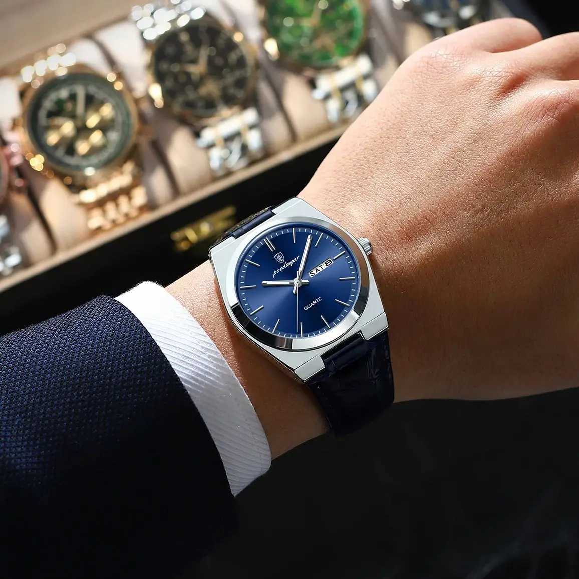 POEDAGAR Luxury Trendy Man Wristwatch Waterproof Luminous Date Week Men Watch Simple Business Quartz Leather Mens Watches Reloj W250724
