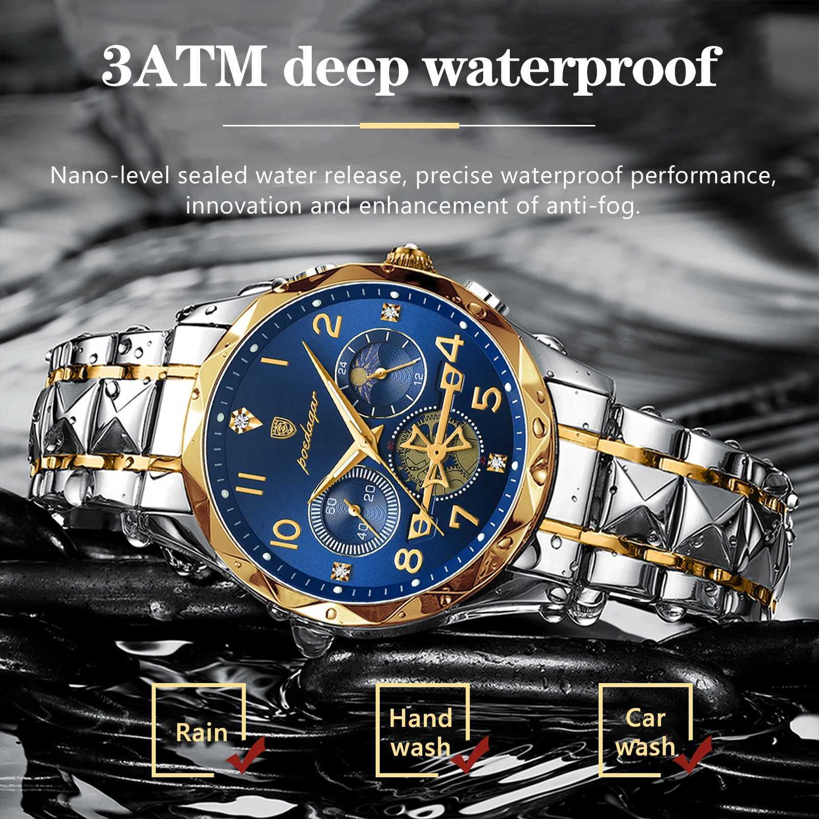POEDAGAR Luxury Sports Watch Men Stainless Steel Man Quartz Wristwatch Waterproof Luminous Chronograph Mens Watches Clock Reloj W250724
