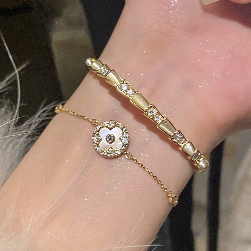 Gold Tone Clover Shaped Bracelet Shell Inlay & Crystal Accents Elegant Party Jewelry And Daily Wear Gift For Her High Quality And Stylish Jewelry