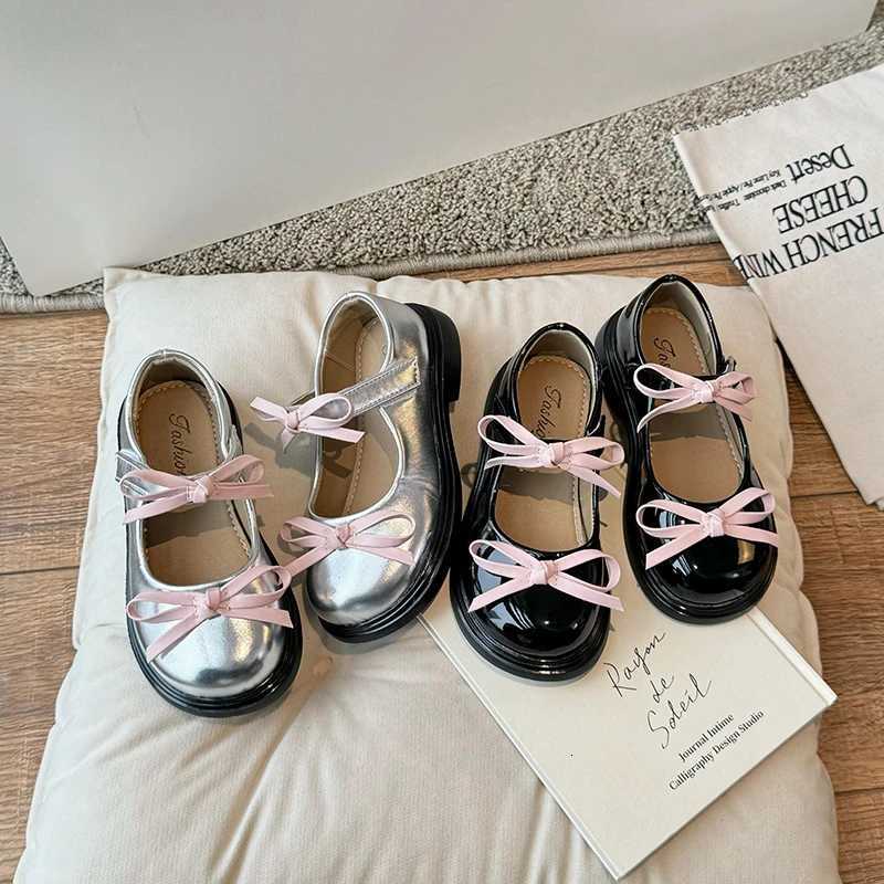 Spring Girls Mary Janes Silver Black Bowknot Elegant Kids Leather Shoes Chunky Round Toe Beautiful Chic Children Flat Shoe 26-36 XJ250724