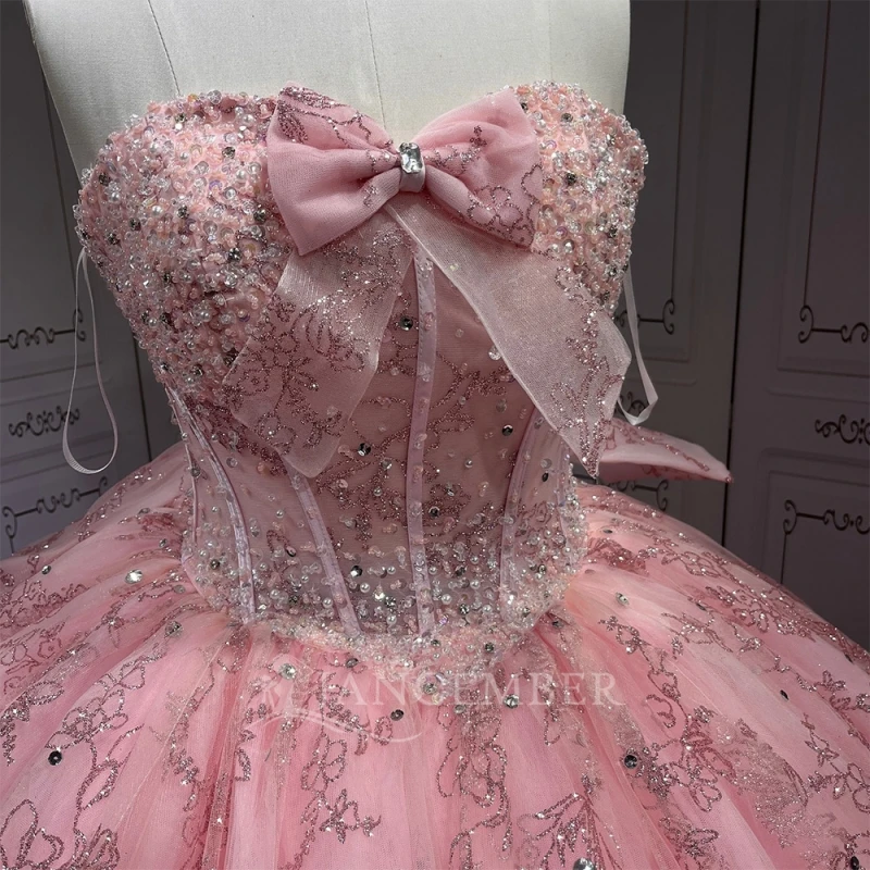 Pink Quinceanera Dresses Off Shoulder Ball Gown Sweet 16 Dress Sequin Applique Lace Bow Beading Crystal Tull Birthday Vestidos De 15 Anos