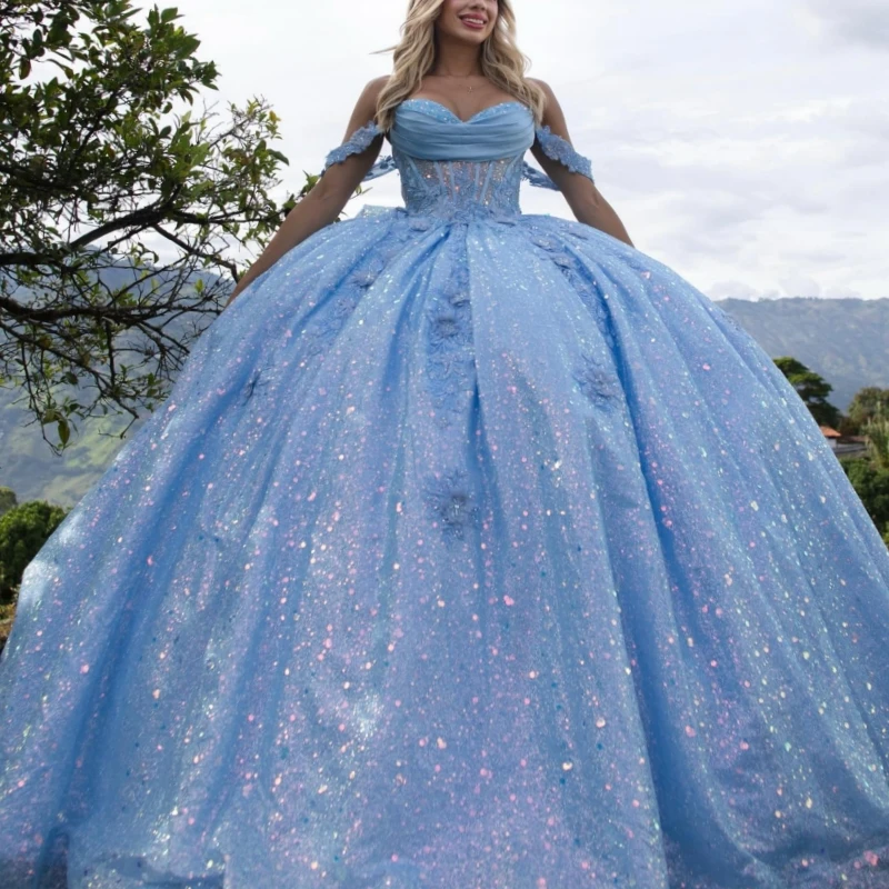 Blue Shiny Quinceanera Dresses Off Shoulder Ball Gown Sweet 16 Dress Applique Lace Bow Beads Tull Birthday Party Vestidos 15 Anos