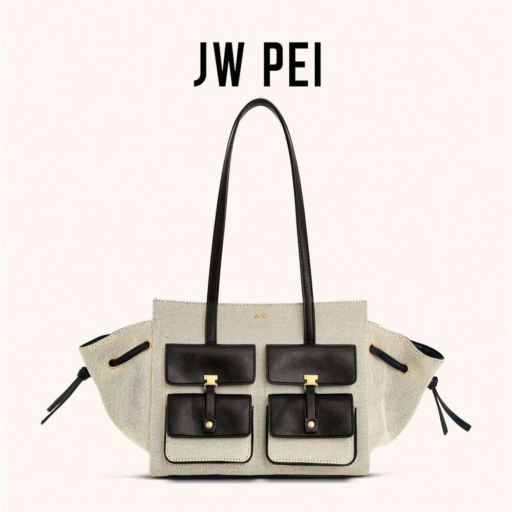 JW Pei New Canvas Black Motorcycle Style Tote Bag Women's Large Capacity Crossbody Purse for Commuters Underarm Shoulder Handbag