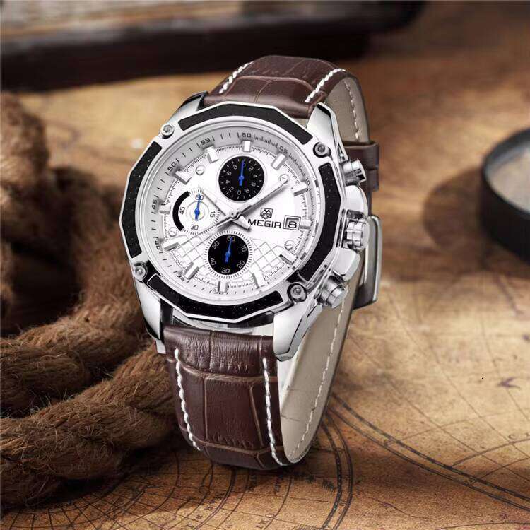 DHwatches MEGIR Men's Sports Watch - Chronograph, Luminous, 30M Waterproof, Leather Strap, Multifunction Wristwatch