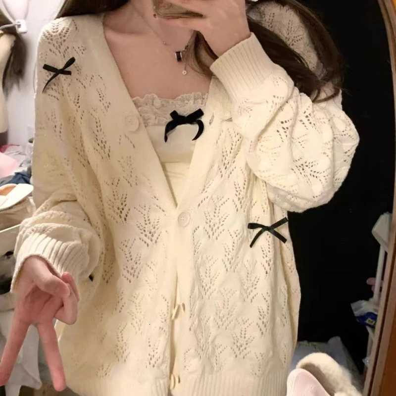 Dptown Coquette Cardigan Sweater Woman Kawaii Bow Hollow Out Knitted Tops Korean Fashion Sweater Preppy Cute Aesthetic Solid X250724