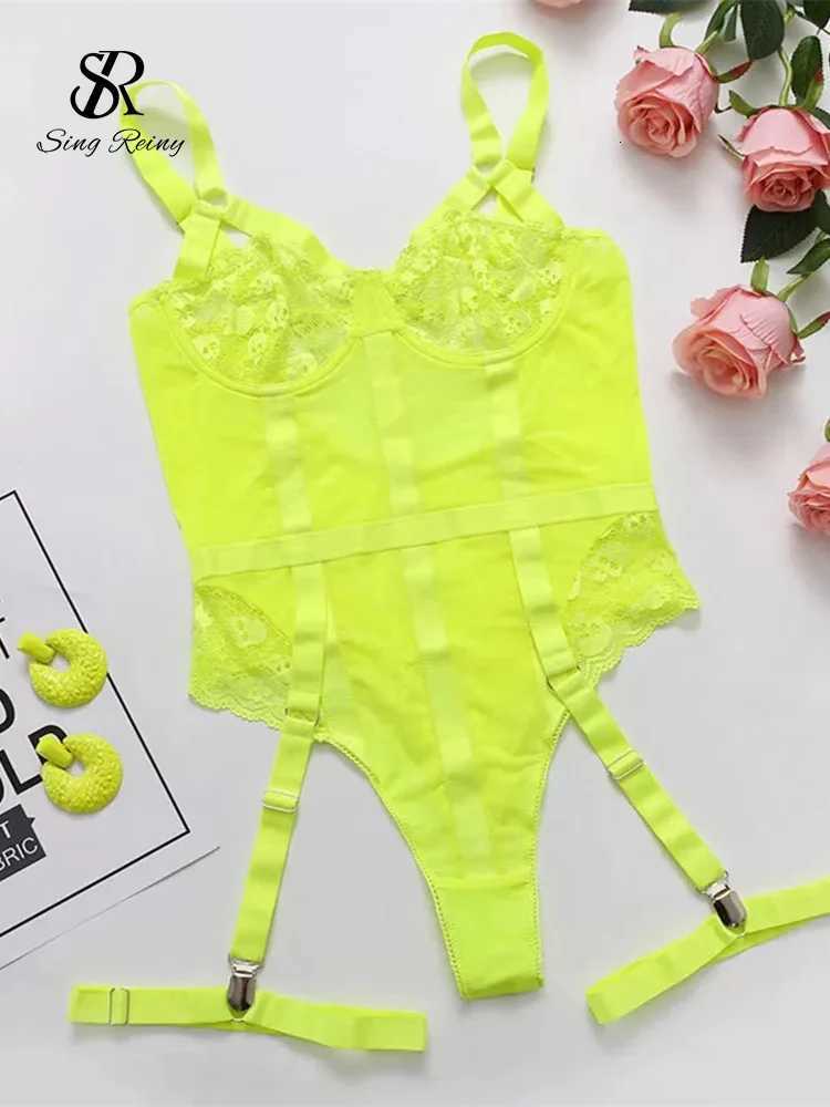 SINGREINY Club Erotic Sheer Rompers Female Short Sleeve Slim Underwear Playsuits Women Lace Spliced Corset Sexy Bodysuits W250724