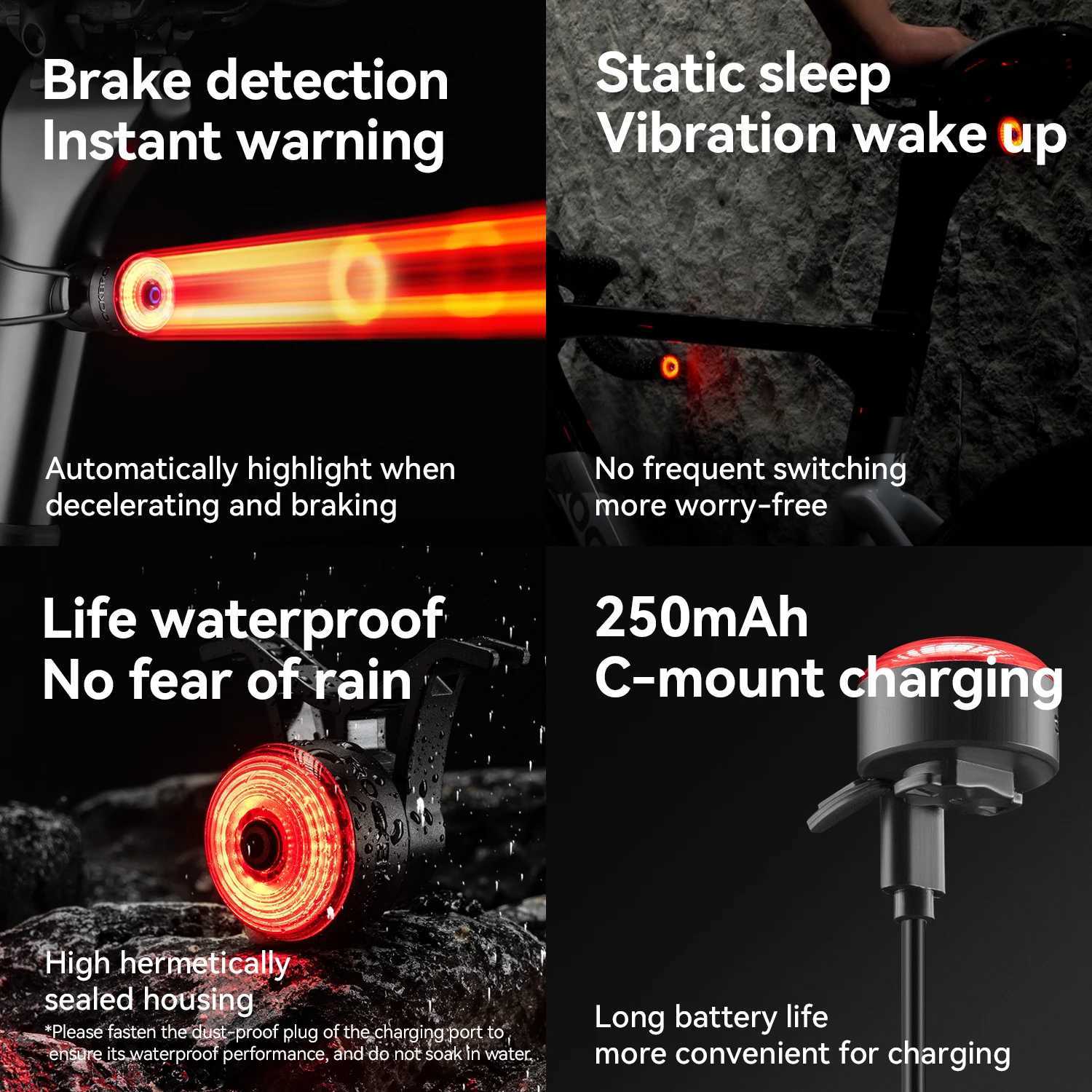 ROCKBROS Bicycle Light Smart Brake Vibration Sensing Taillight Handlebar End Plug Bike Light USB Type MTB Road Cycling Light S250723