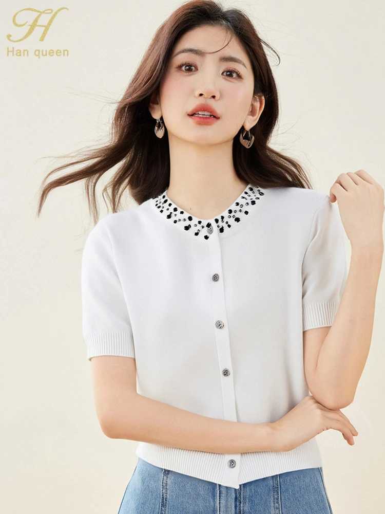 2025 Summer Top Fashion Nail Beads Chic Sweater Elegant Vintage Casual Knit Cardigan Knitwear Fashion Women Clothing X250724