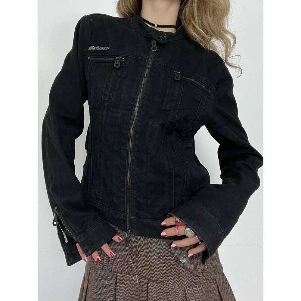 Designer Niche Rockmore Streetwear Double Zip Denim Jacket Solid Casual Vintage Long Sleeve Haruku Cargo Style Women's Jacket