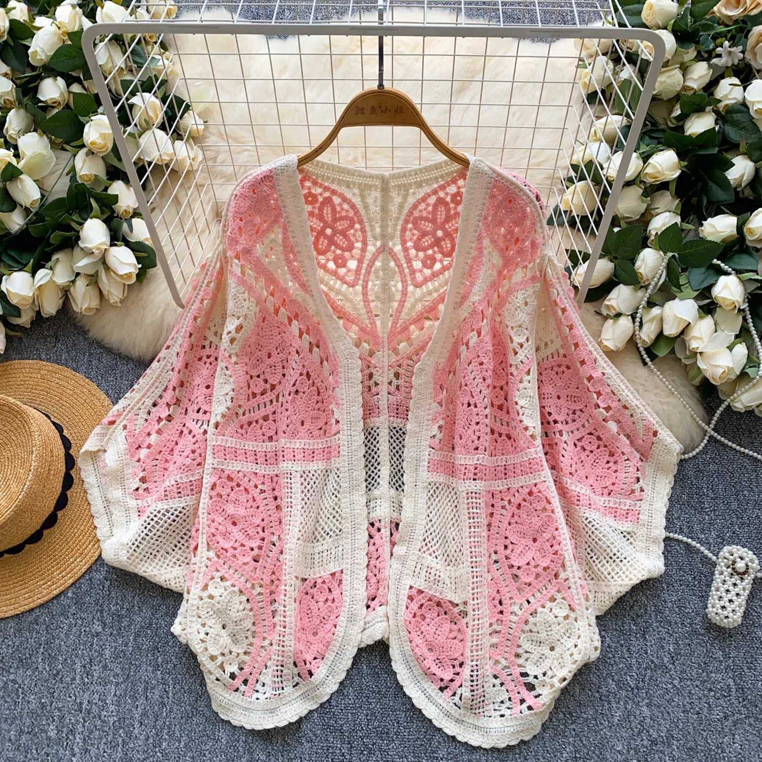 Chicy vintage Hook flower hollow loose Knit Elegant Fashion Sexy cardigan Shirt High Stretch Summer Women Blouse Women X2507241