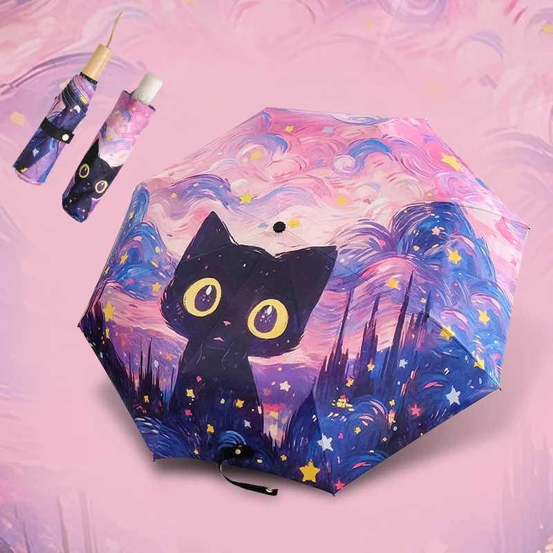 Blue Green Purple Powder Cat Cartoon Fold Umbrella Fully Automatic Umbrella Womens Dual-Purpose Sun Umbrella Portable Umbrella R250724