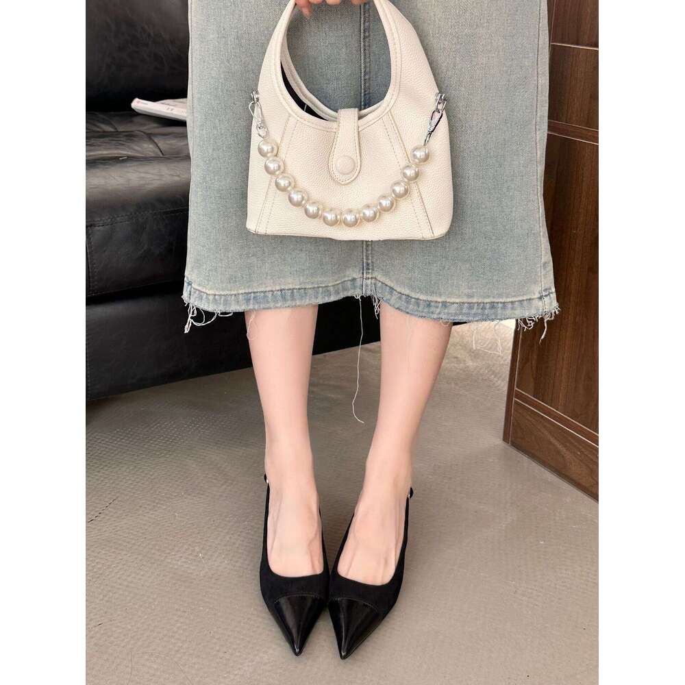 Single for Outdoor Wear, High-End Feel, Thin Heel, Comfortable, Pointed Toe, Open Back, High Heels, Patchwork Style, French Style Women's Shoes