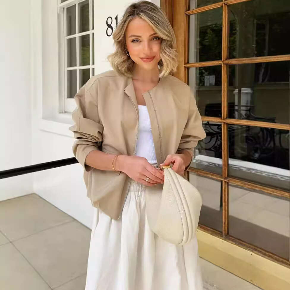 TRAFZA Zipper Round Neck Cargo Pocket Loose Drop Shoulder Bomber Jacket Cool Trendy B5