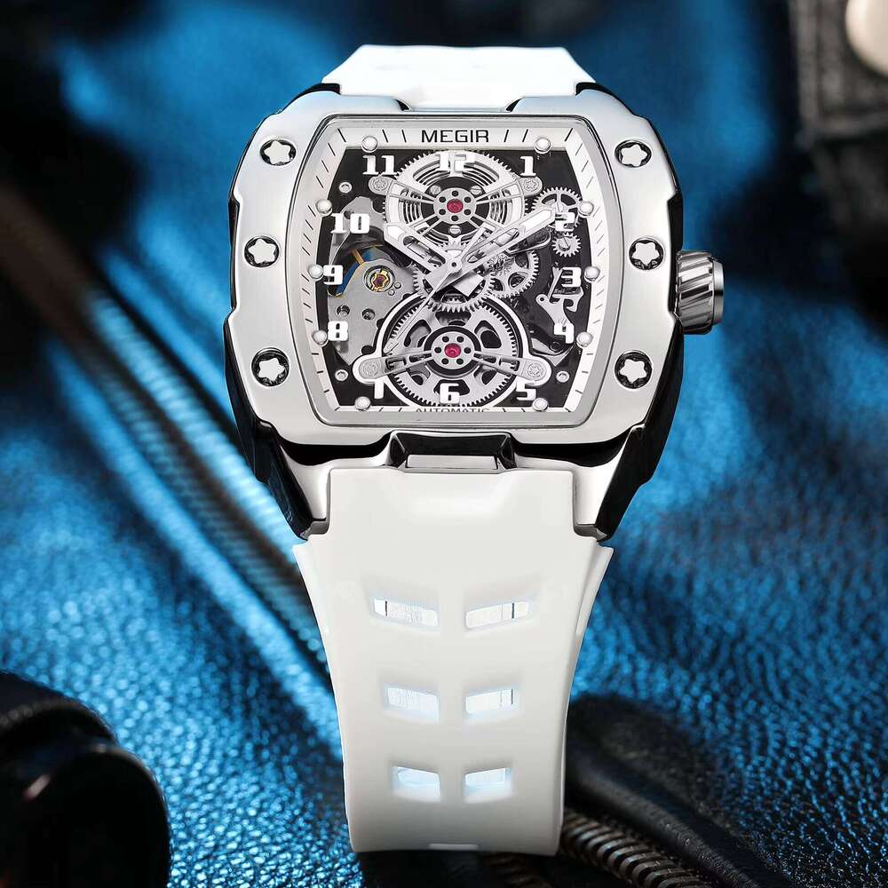 DHgargets MEGIR Men's Skeleton Tonneau Watch - Automatic Mechanical, Luminous, 30M Waterproof, Silicone Strap, Fashion Wristwatch
