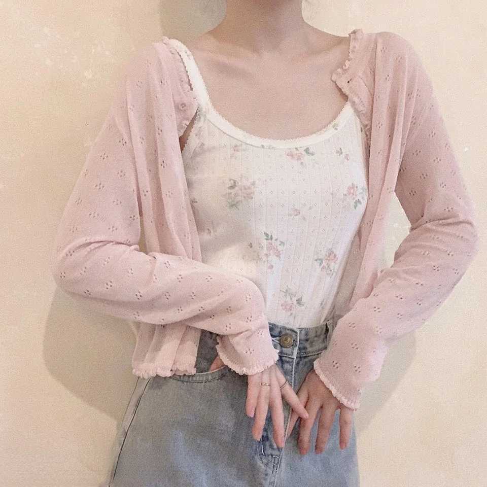 2025 Women Summer Sun Protection Coat Lace Hollow Cardigan Lolita Female Blouse Tops Covers Blusa Y2K Korean All Match Tops X250724
