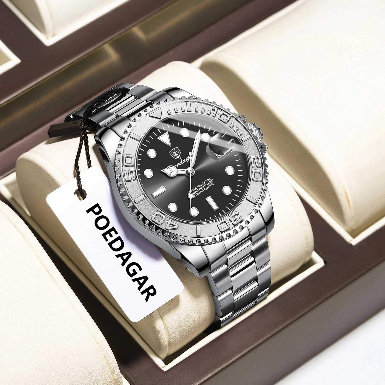 POEDAGAR Classic Trendy Mens Wristwatch Waterproof Luminous Date Mens Watch Stainless Steel Luxury Mens Quartz Watches + Gift Box W250724