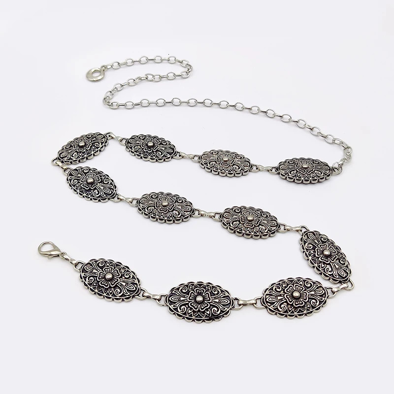Vintage Female Waist Chain Belt Punk cowgirl carving Floral Metal Belts For Women Silver Waistband for summer Skirt Jean 250722