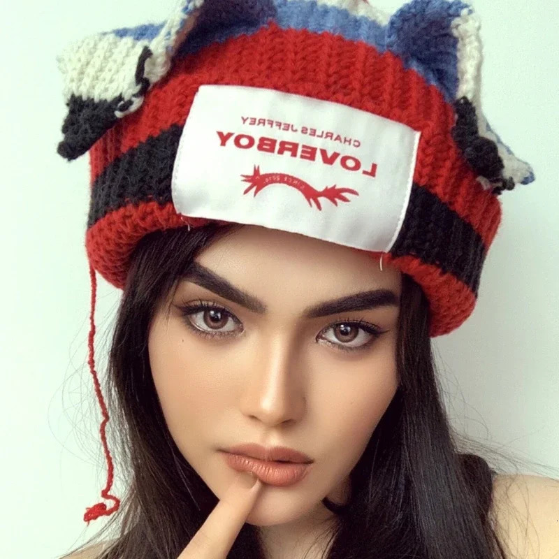 Cute Fashion Hooded Lover Boy Ear Knit Double-layer Warm Fox Ear Woolen Hat Niche n Hip-hop Personality Cold Hat Y2k 250722