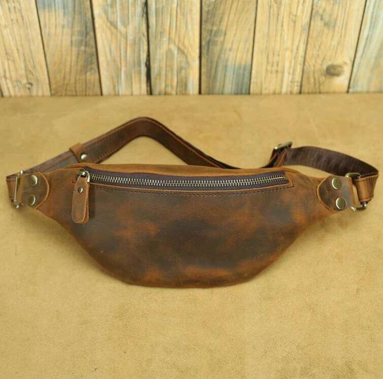 Vintage Men's Crazy Horse Waist Top Layer Cowhide Messenger Genuine Leather Outdoor Sports Cycling Chest Bag