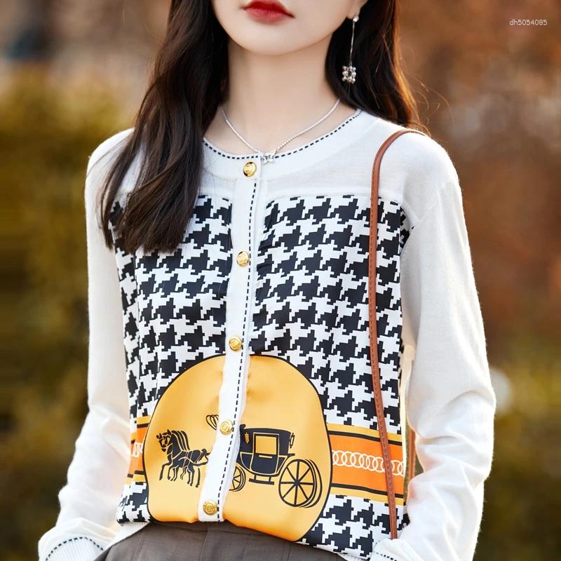 Women's Blouses Spring And Autumn Woven Wool Cardigan V-neck Color Matching Sweater Thin Loose Silk Printed Long Sleeve Knitted Jack