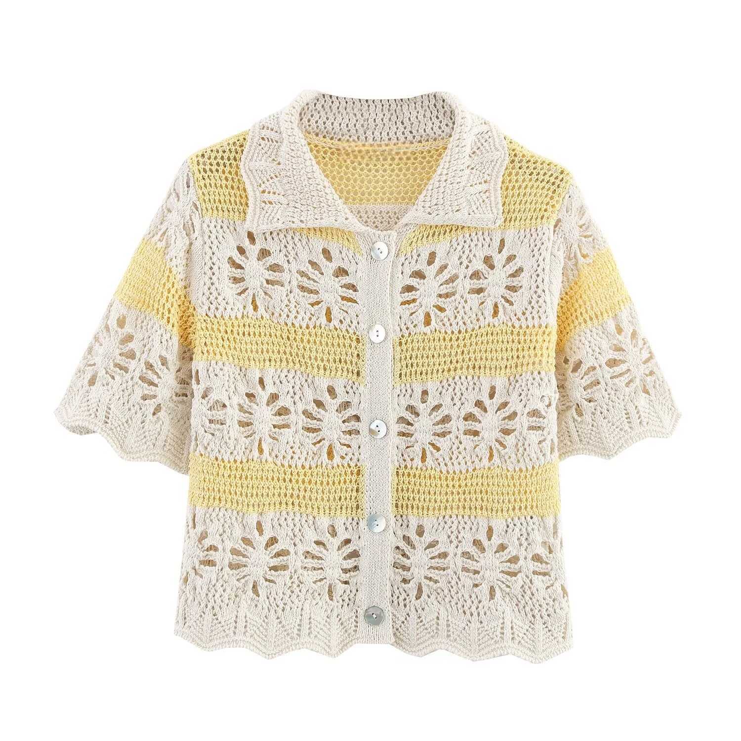 MYST ZA2025 new summer womens casual fashion simple striped jacquard mesh hollow lapel short-sleeve knitted cropped top X250724
