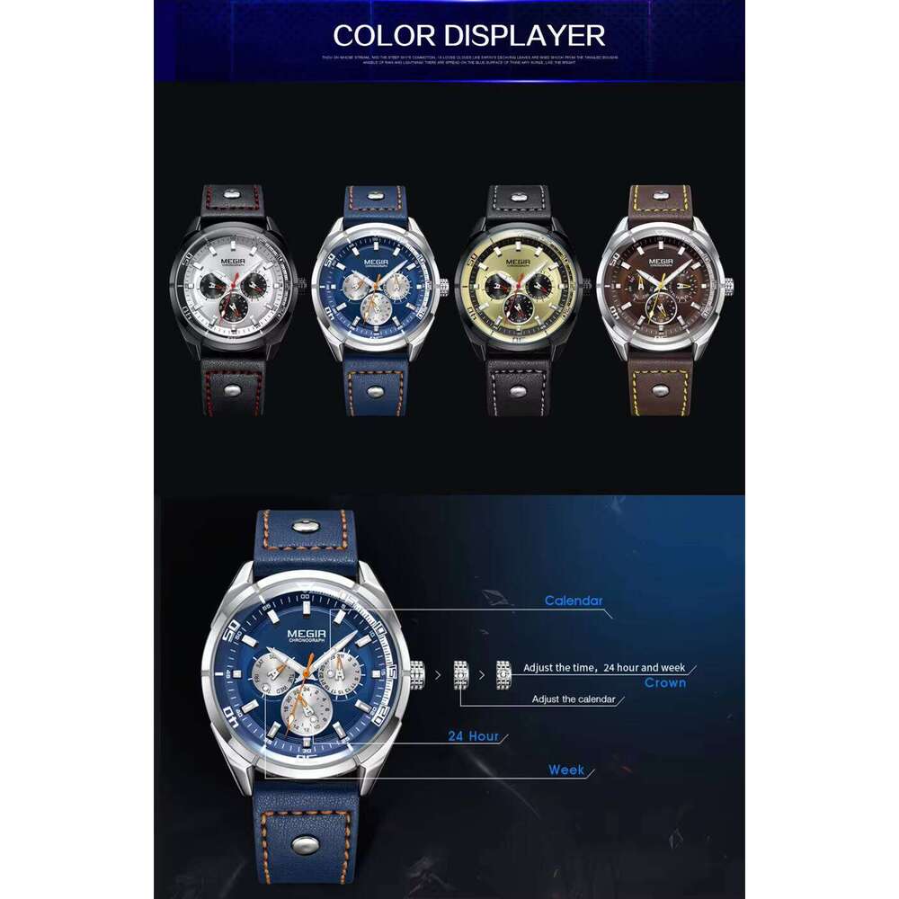 MEGIR Men's Calendar Week Watch - Genuine Leather, Waterproof, Luminous, 44mm - New Release Watch