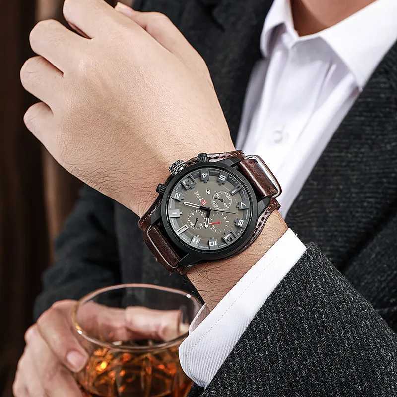 1KAZ Luxury Business Men Quartz Watch Classic Retro Mens Watches Big Dial Leather Strap Date Military Wristwatch for Man W250724