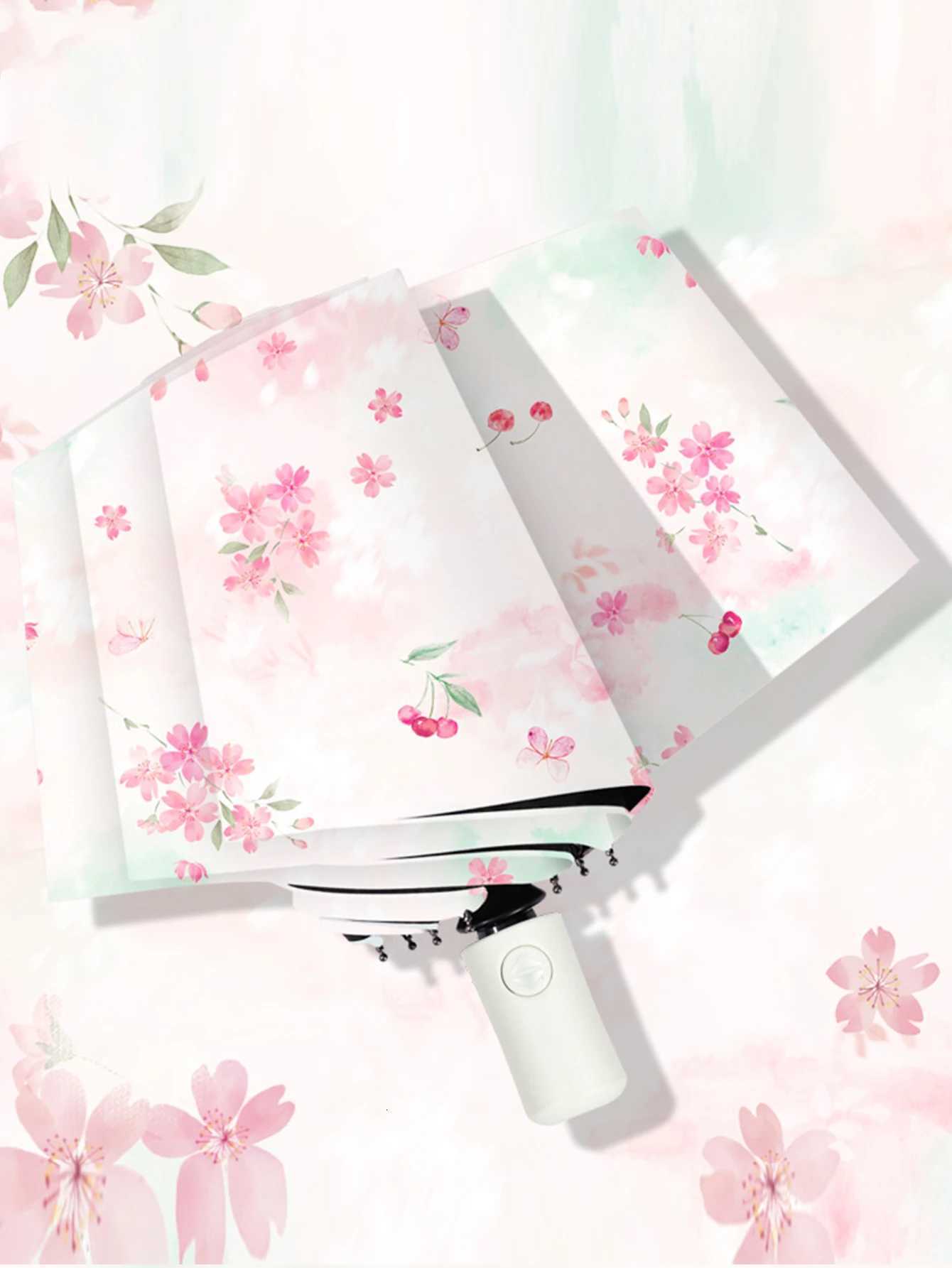 Falling Cherry Blossoms Colorful Printed Pattern Umbrella Fully Automatic Umbrella Waterproof Sunscreen UV Protection Portable R250724