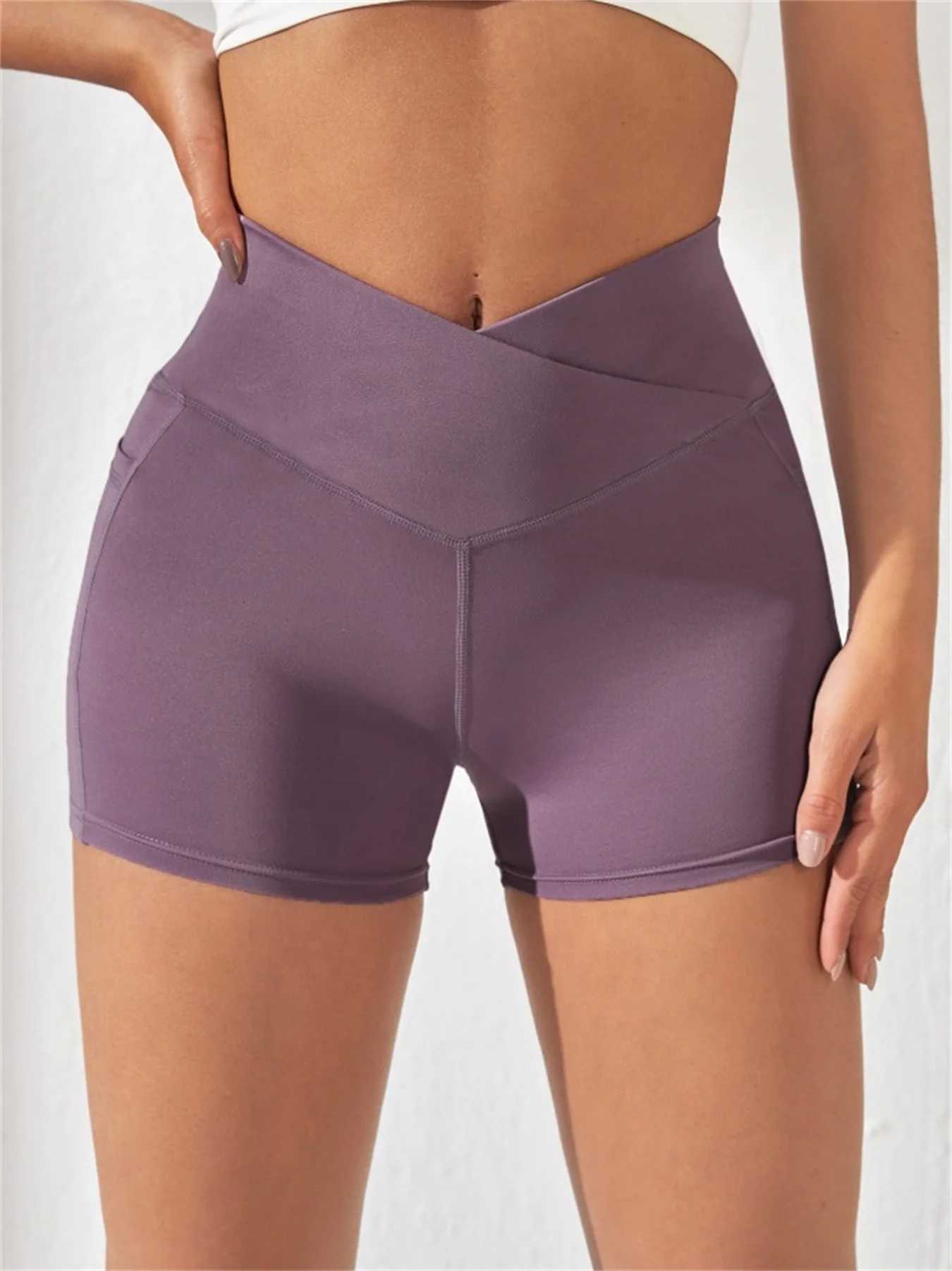 Womens High Cross Waist Biker Shorts Side Pockets Buttery Soft Comfy Criss Cross Running Yoga Athletic Short Pants XJ250724