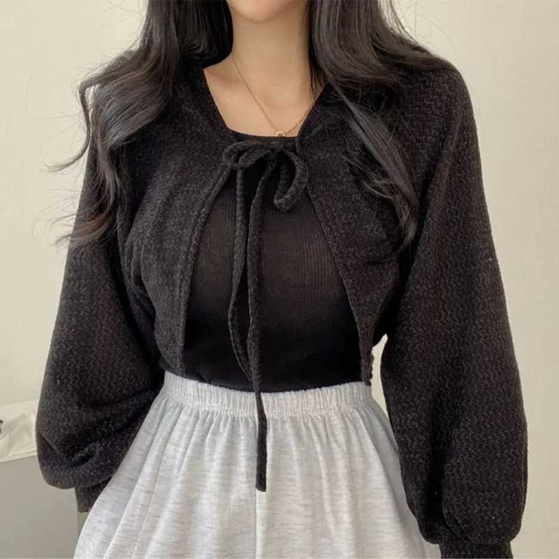 Dptown Lace Up White Cardigan V Neck Knitwear Lantern Sleeve Womens Sweater Korean Fashion Spring Knit Oversize Wear To Work X250724