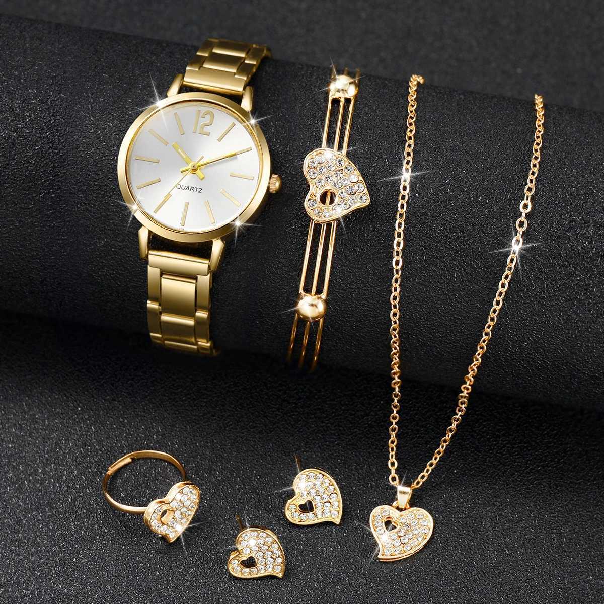 6PCS/Set Womens Watch Fashion Stainless Steel Band Analog Quartz Watches Heart Jewelry Set (Without Box) W250724