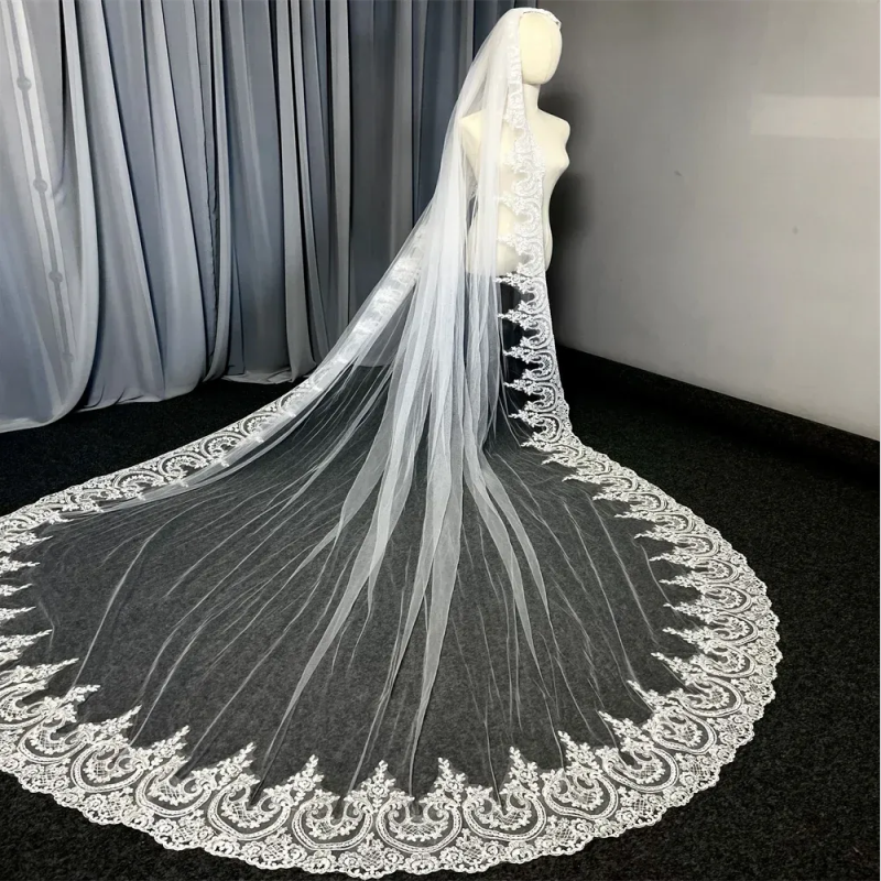 NEW Glitter Sequins Lace Wedding Veil 3 Meters Long White Ivory Bridal Headpiece Elegant Bride Accessory with Comb For Marriage Bride Women's Acc