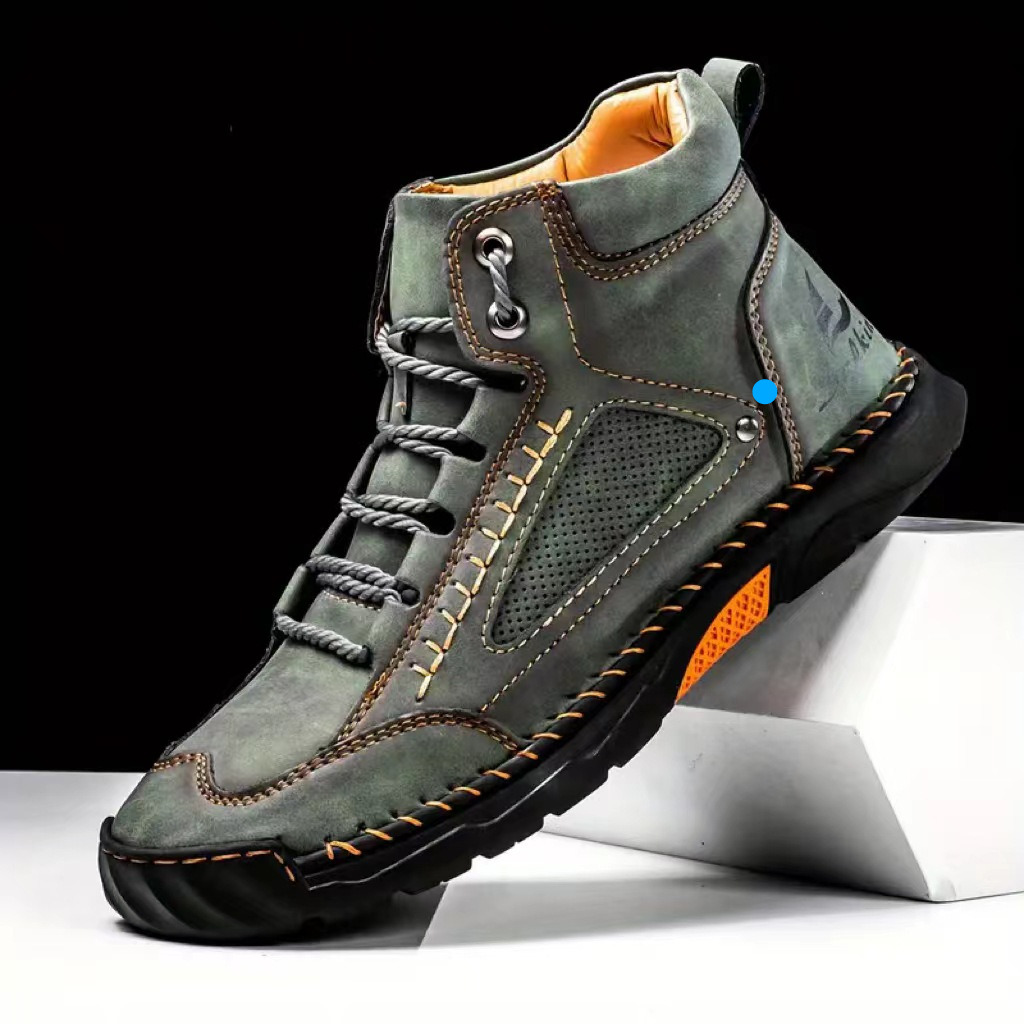 Large Size PU Leather Men's Fashion Hand-stitched Ankle Boots Flat Lace-up Casual Shoes