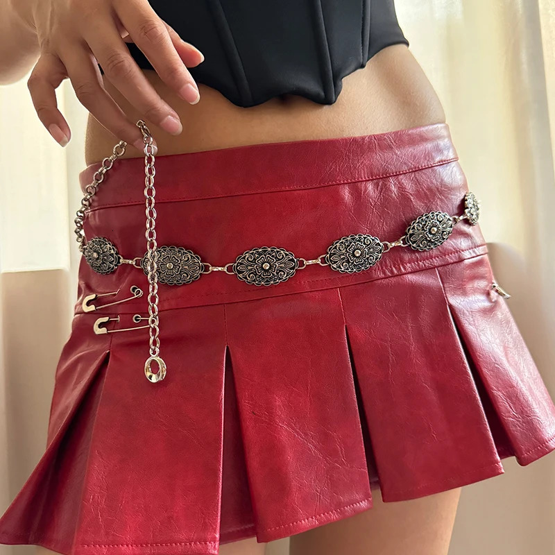 Vintage Female Waist Chain Belt Punk cowgirl carving Floral Metal Belts For Women Silver Waistband for summer Skirt Jean 250722