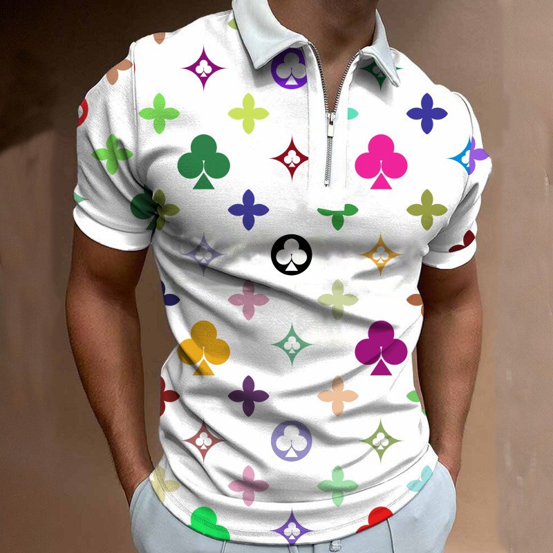 Spring and summer new men's lapel shirt 3D digital printing fashionable casual zipper short sleeved polo shirt with multiple colors