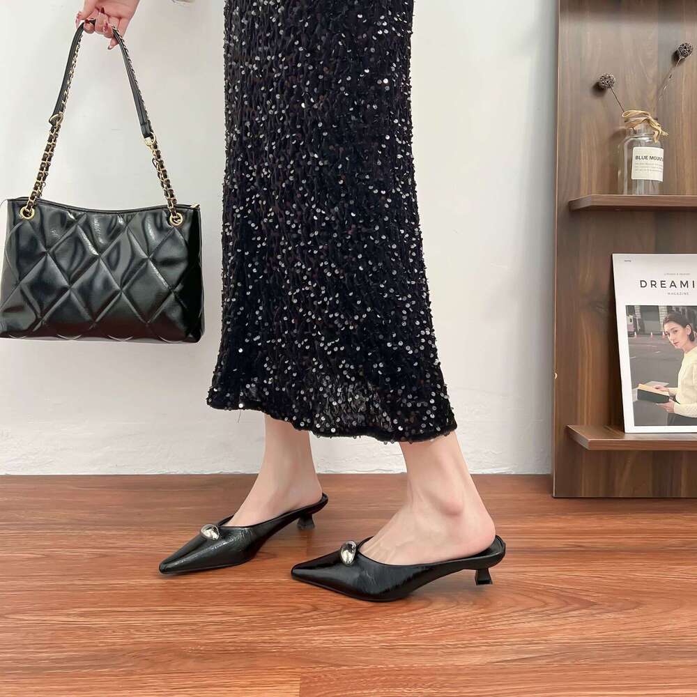 2025 Summer New Backless Sandals for Women Fashion Brand Same Style Closed-Toe Slippers French Mid-Heel Single Shoes