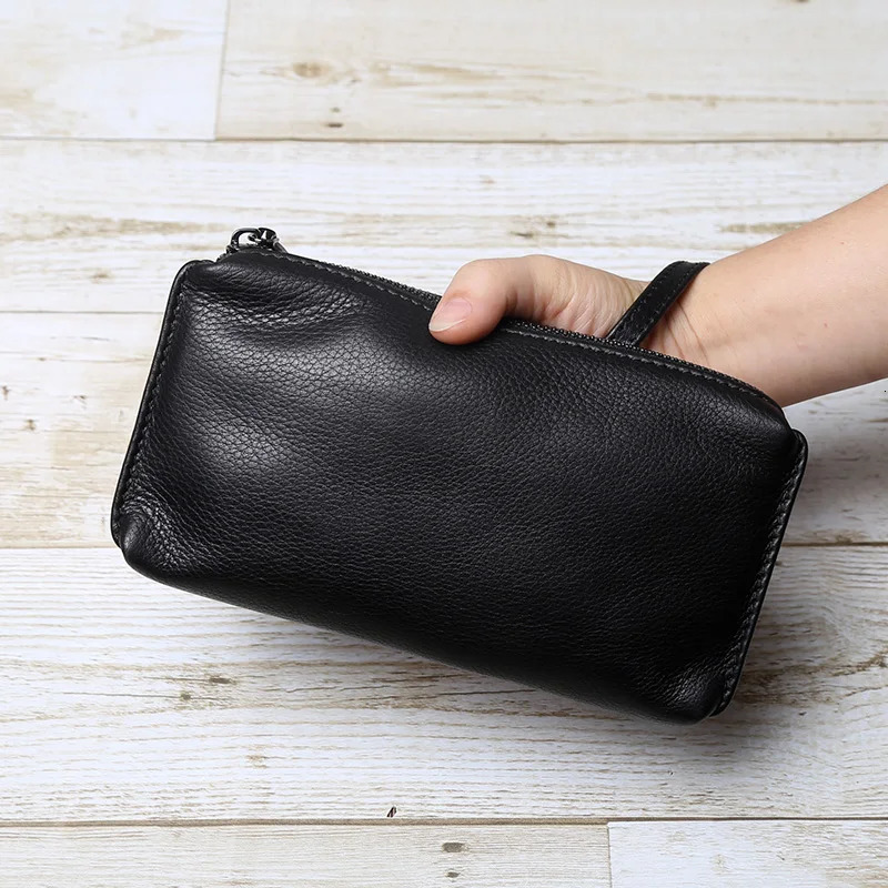 Genuine Leather Handbag For Mens Soft Leather Retro Casual Top Layer Cowhide Long Wallet With Large Capacity Zipper Phone Bag 250723