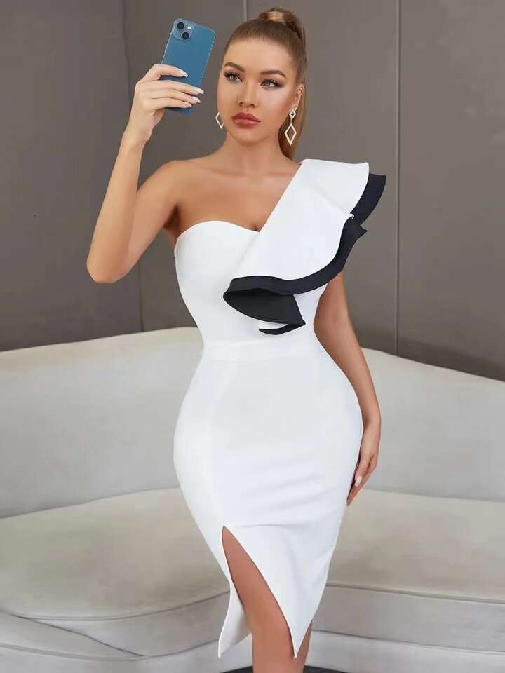 White Skirt Maxi Skirt Style Color Block Ruffle Asymmetric Shoulder Bodycon Split Bandage Dress Long Skirt
