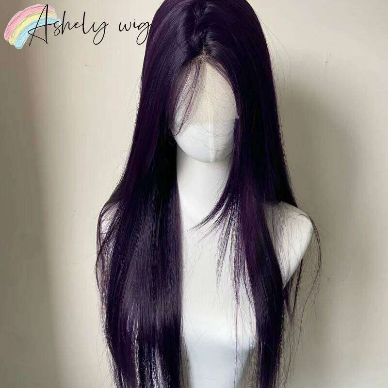 13X4 Dark Wig Long Straight Purple Synthetic Front For Woman Human Hair Daily Use Heat Resistant Fiber Glueless Lace Wigs