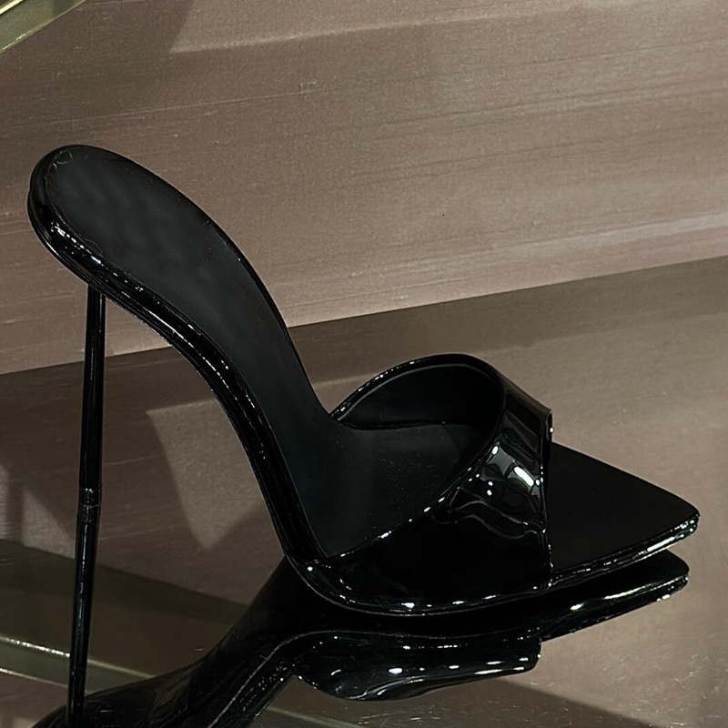 Designer sandals 2025 Summer New Patent Leather Shallow Mouth Backless High Slippers Red Fashion Thin Heel Pointed Open Toe Sandals for Women