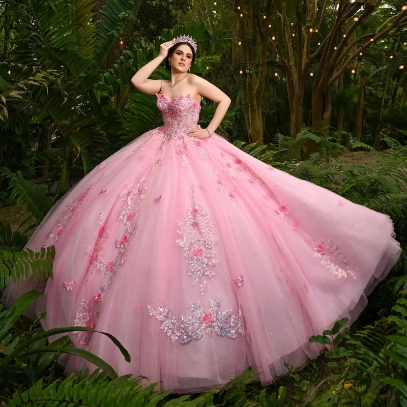 Pink Shiny Quinceanera Dresses Off Shoulder Ball Gown Sweet 16 Dress Applique Flower Beading Tull Birthday Party Vestidos 15 De Anos
