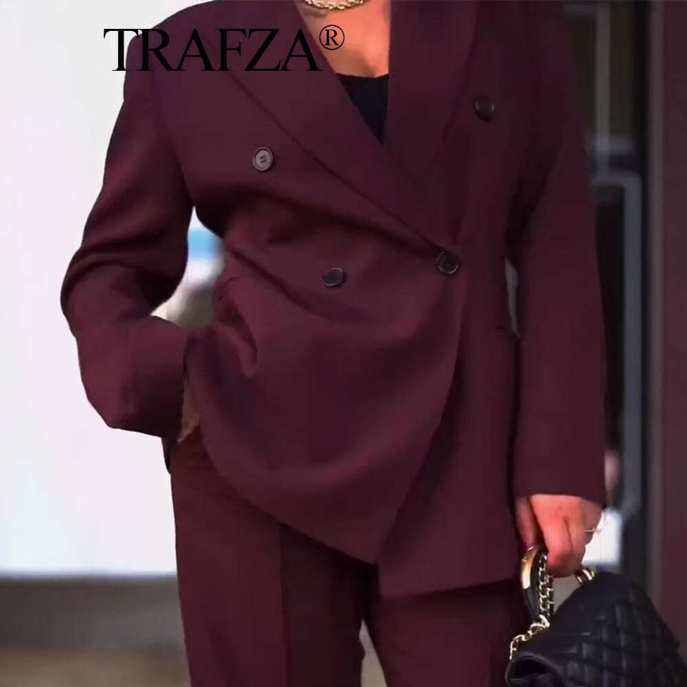 TRAFZAINS Autumn New Style Anker Red Double-Breasted Blazer Suit Pants Set B5