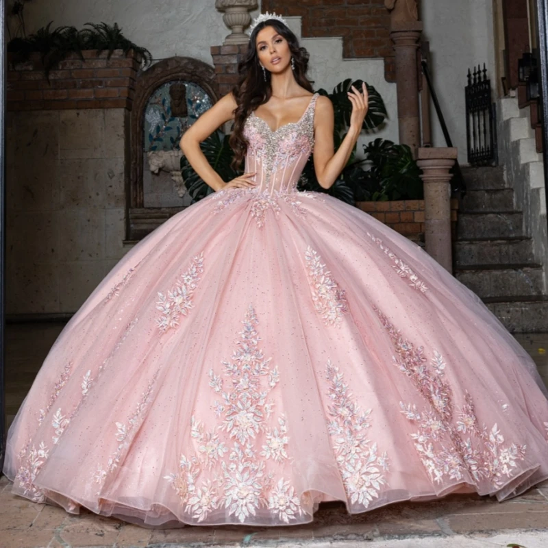 Pink Shiny Quinceanera Dresses Off Shoulder Ball Gown Sweet 16 Dress Applique Lace Beading Crystal Bow Tull Birthday Party Vestidos 15 Anos