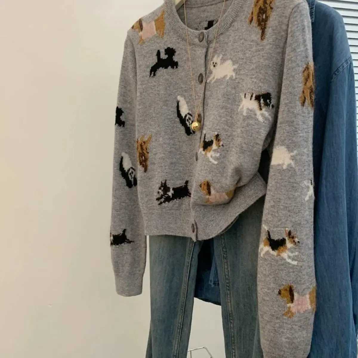 Spring Autumn Womens Dog Jacquard Sweater Knit Cardigan X250724