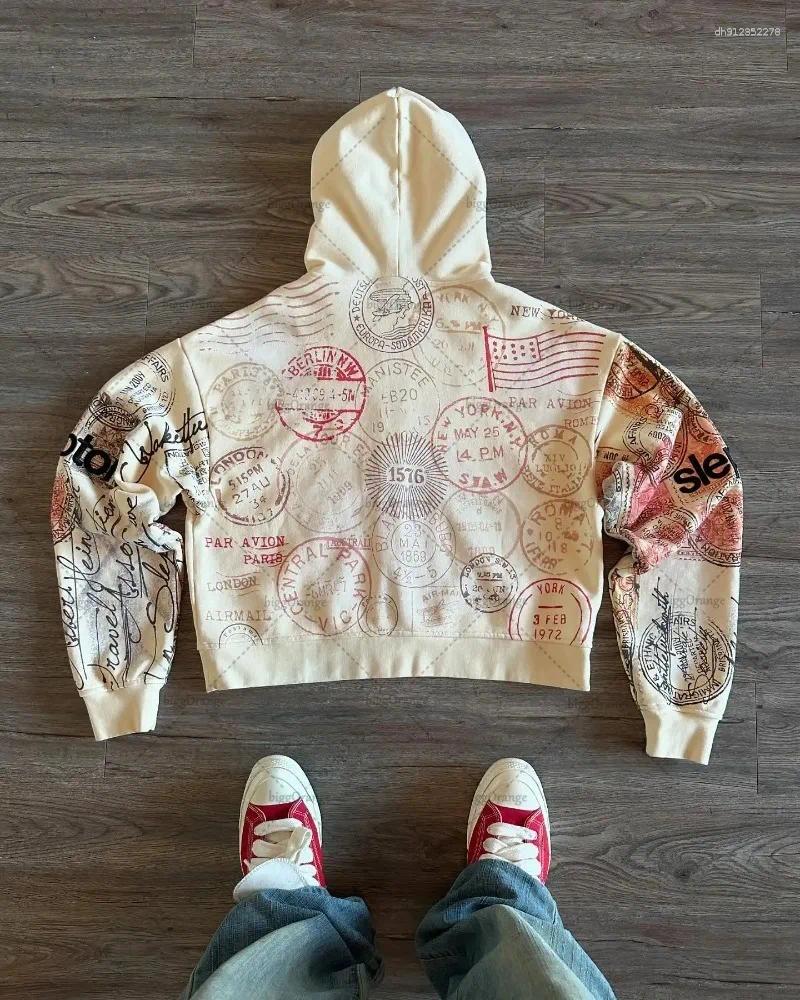 Men's Hoodies American Retro Letter Print Zipper Hoodie Women Trendy Casual Oversized Sweatshirt Men Hip-hop Punk Harajuku Streetwear